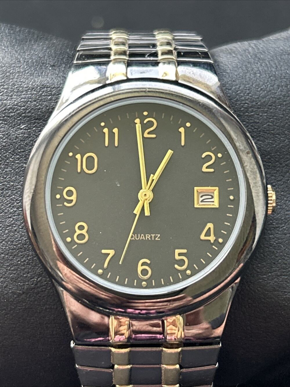 Black And Gold Tone Stretch Band Quartz Watch